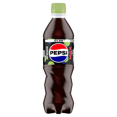 A 500ml bottle of Pepsi Max Lime No Sugar Cola from Pepsi, a refreshing low calorie drink with zero sugar, featuring a green cap and a £1.39 price label on the black label.
