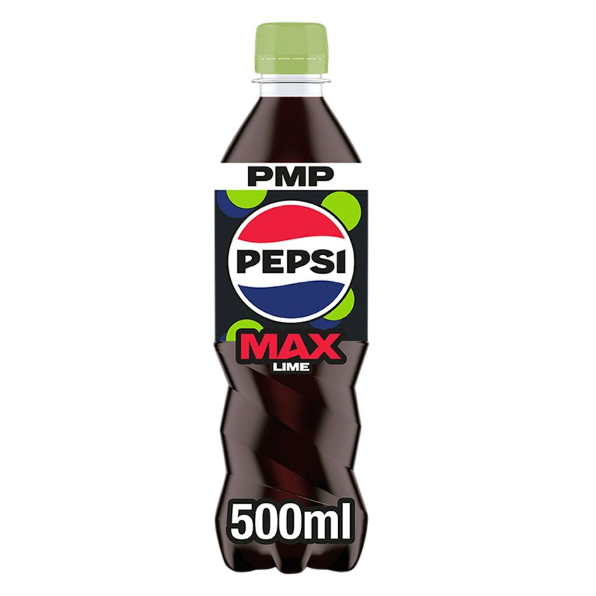 A 500ml bottle of Pepsi - Max Lime No Sugar Cola Bottle - 500ml with PMP branding, featuring a refreshing lime twist and a green cap.