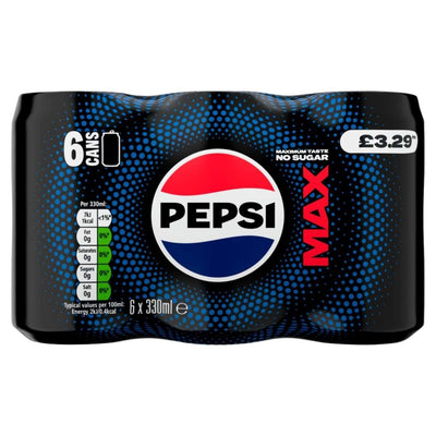 Pepsi - Max No Sugar Cola Cans (6 x 330ml) by Pepsi: a sugar free, low calorie cola multipack for £3.29, with blue dotted design and central logo, plus nutrition info on the left.
