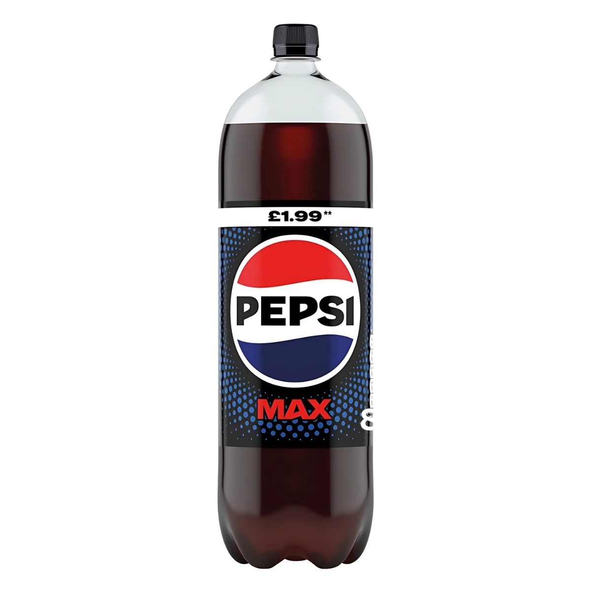 A 2L bottle of Pepsi Max - No Sugar Cola features a blue label, red and white logo, zero calories, and a £1.99 price printed at the top.