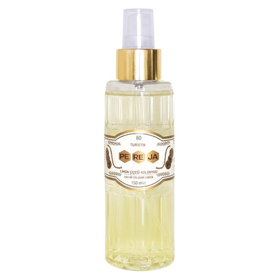 A 150ml clear spray bottle containing light yellow Pereja - Lemon Kolonya Scented Hand Sanitiser Spray.