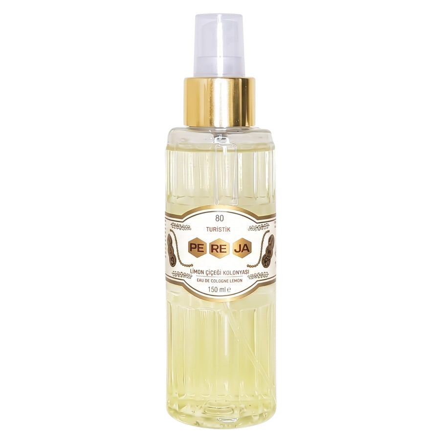 A 150ml clear spray bottle containing light yellow Pereja - Lemon Kolonya Scented Hand Sanitiser Spray.