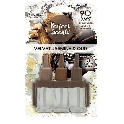 Three-pack of Perfect Scents - Refill Velvet Jasmine & OUD 20ml in clear bottles, featuring a limited edition, long-lasting scent with up to 90 days of fragrance and three unique scents per pack.