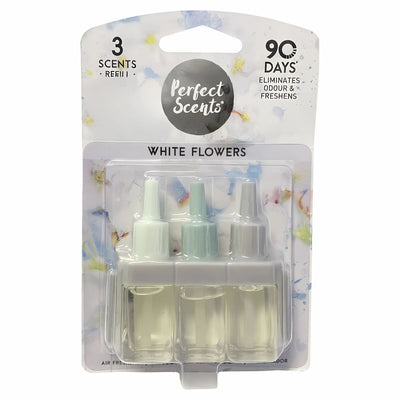 Three Perfect Scents - Refill White Flowers - 20ml bottles, featuring a calming floral fragrance, are packaged together in a clear plastic container with product details on the card.