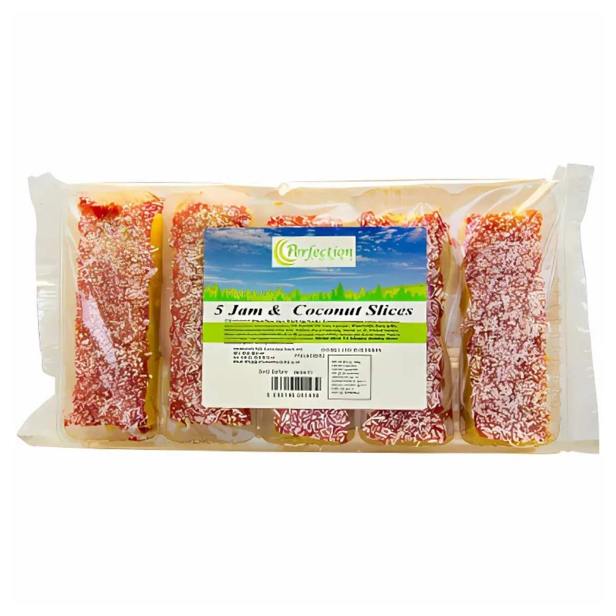 A delectable Perfection dessert pack containing five jam and coconut slices, neatly showcased in transparent packaging with clear product labeling.