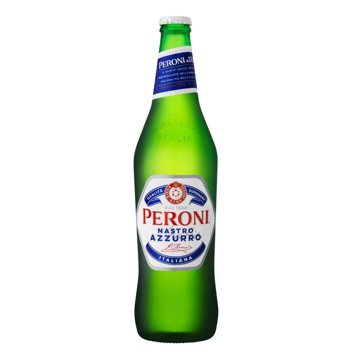 A bottle of Peroni - Nastro Azzurro Lager Beer Bottle (5.0% ABV) - 620ml on a white background.