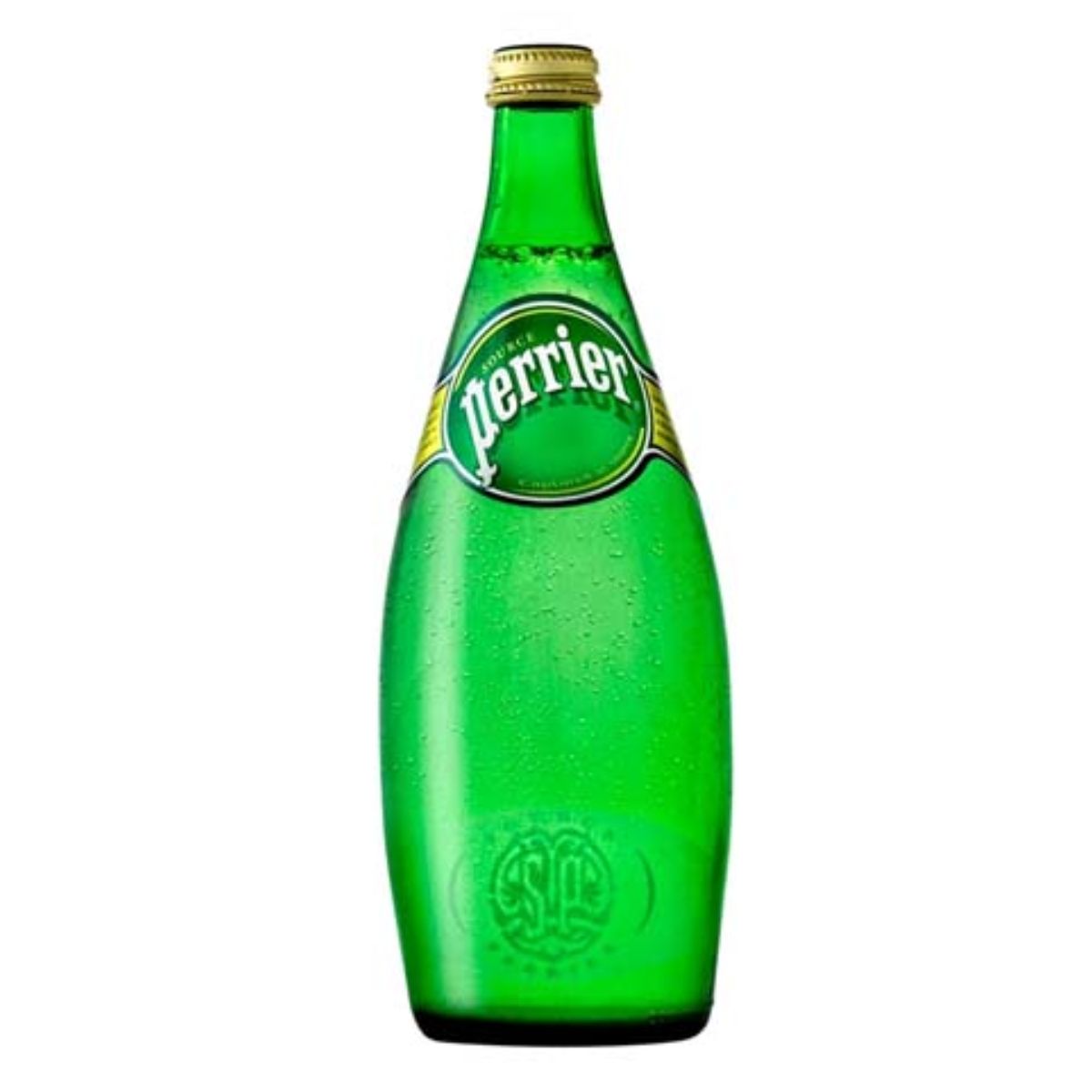 A green glass bottle of Perrier - Sparkling Water Glass Bottle - 75cl with a gold cap, zero calories, and condensation on the surface. The recyclable glass bottle adds an eco-friendly touch.