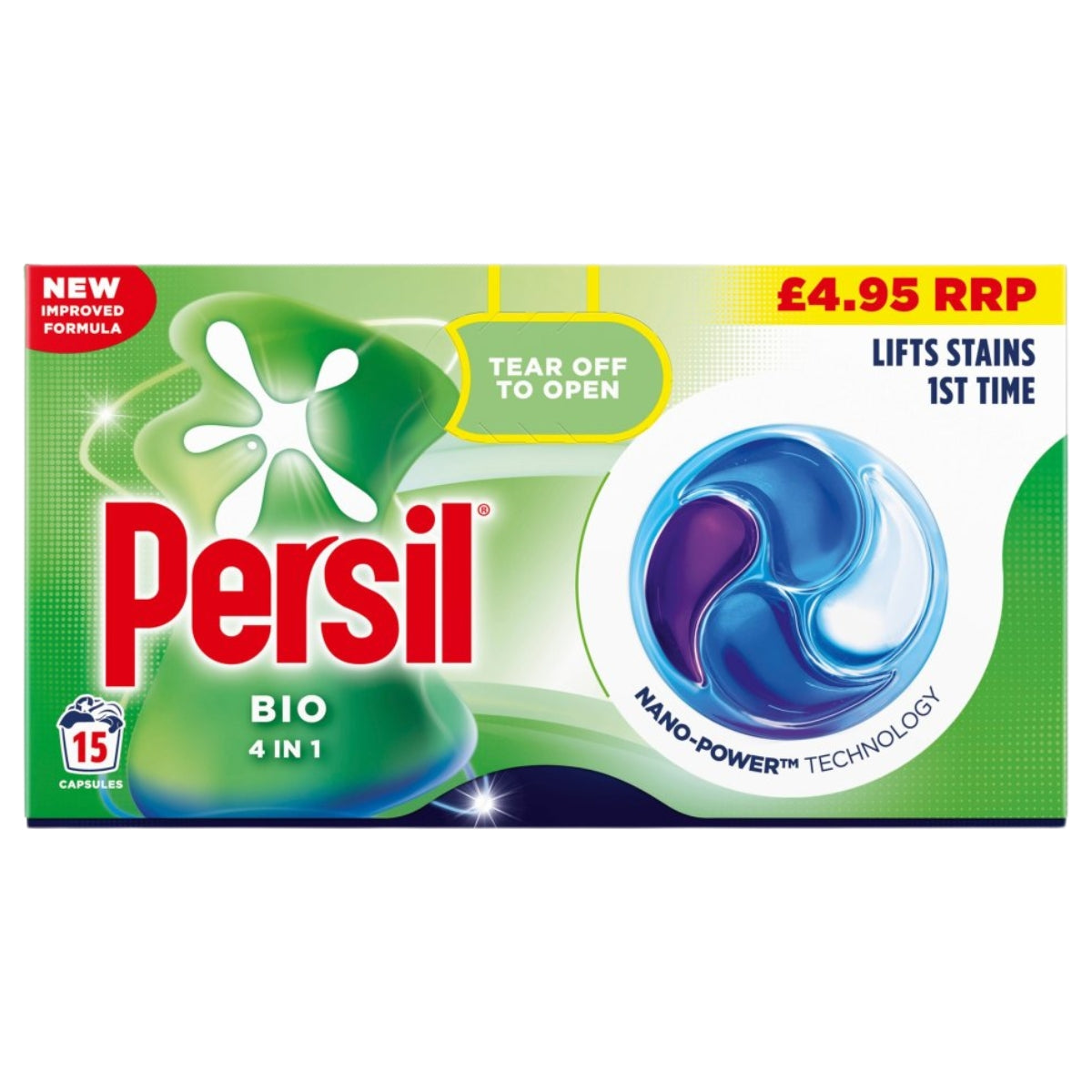 Box of Persil - 4 in 1 Bio Washing Capsules, 15 washes (204g), RRP £4.95, features a tear-off opening and packaging displaying the phrases “lifts stains 1st time” and “Nano-Power Technology.”.
