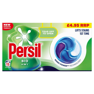 Box of Persil - 4 in 1 Bio Washing Capsules, 15 washes (204g), RRP £4.95, features a tear-off opening and packaging displaying the phrases “lifts stains 1st time” and “Nano-Power Technology.”.