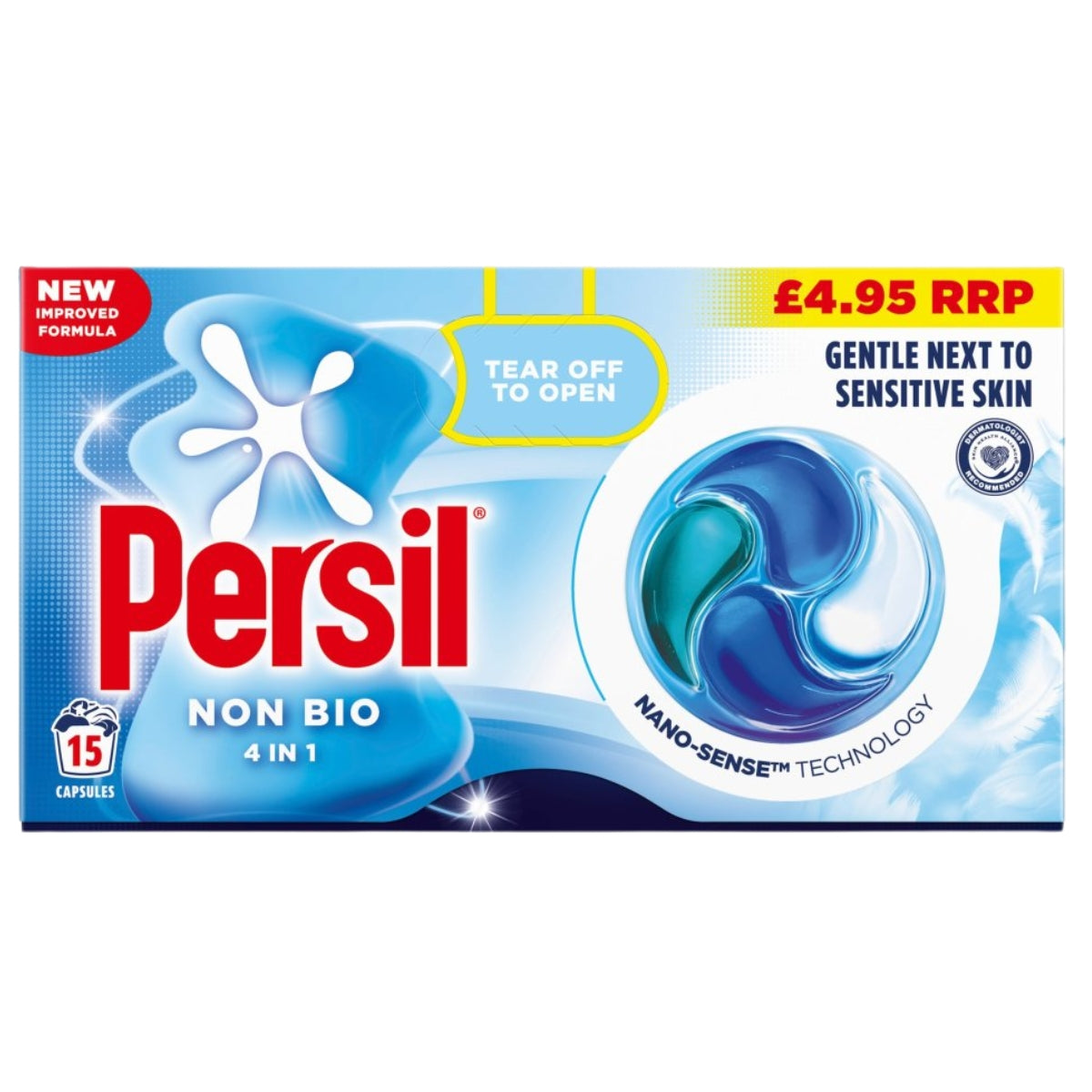 Certainly! Here’s a rewritten version using your provided product data: Persil - 4 in 1 Non Bio Washing Capsules (15 washes, 204g) with product image, price, and “Gentle for Sensitive Skin” label—specially designed by Persil for powerful stain removal and consistently reliable cleaning.