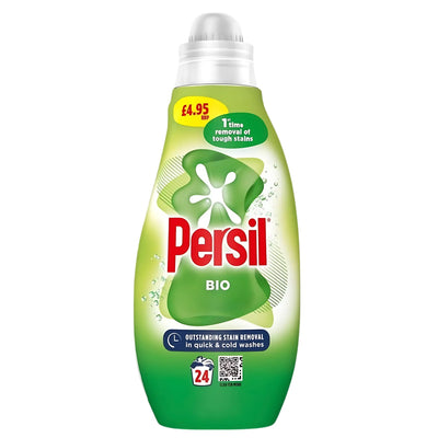 Persil - Bio Liquid Detergent 24 Washes (648ml) with a green label costs £4.95 and features powerful cleaning, tough stain removal, and enough for 24 washes.