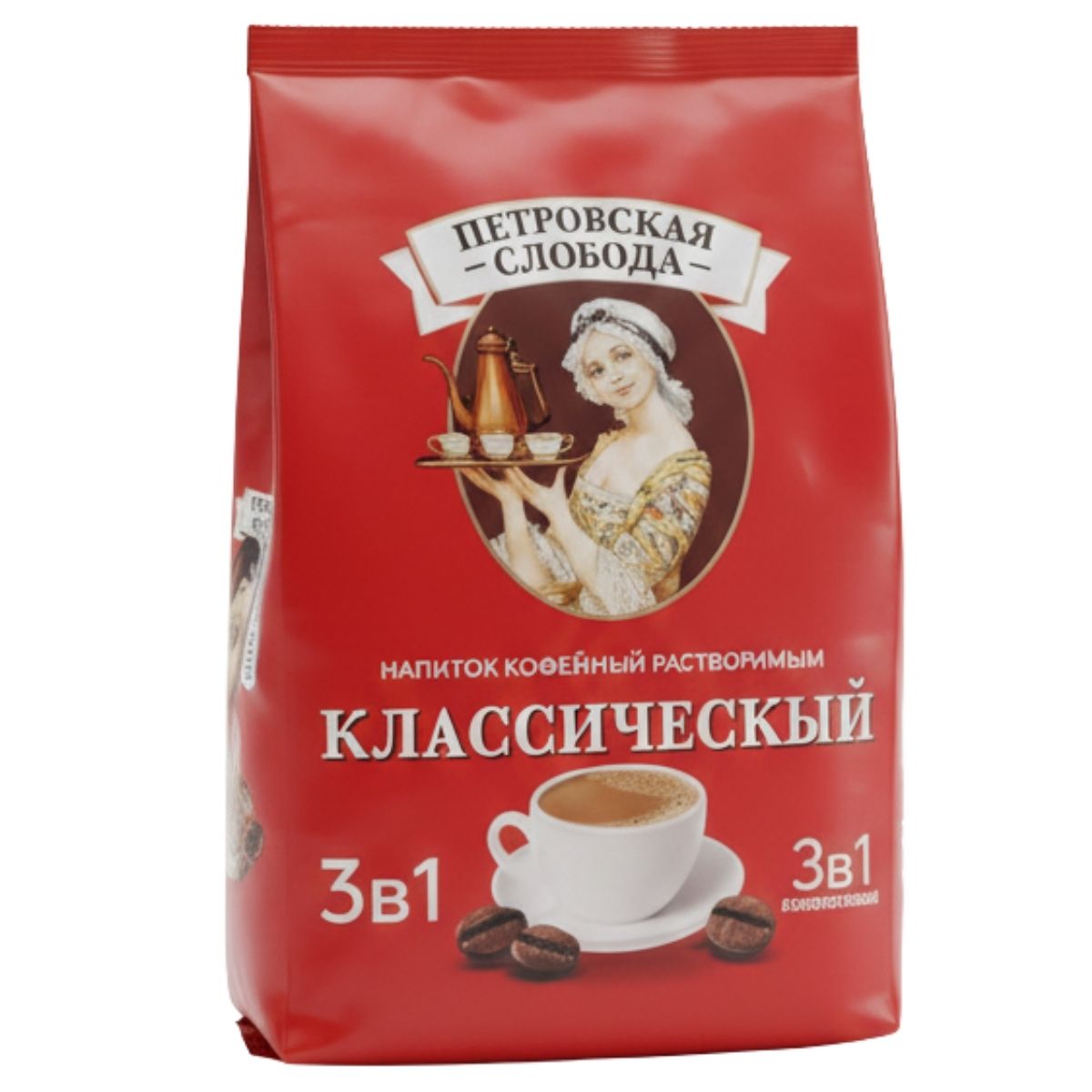 Petrovskaya Sloboda - 3 in 1 Classical Instant Coffee Drink (25 Sachets) comes in a red package, featuring an illustration of a woman holding a tray and cup on the front.