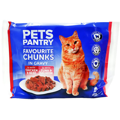 Pets Pantry Favourite Chunks In Gravy For Adult Cats, 4 x 85g, features chicken & beef and tuna & salmon flavors. The blue and white pack shows an orange cat and a plate of chunks in gravy—ideal for cats that love chicken or tuna.
