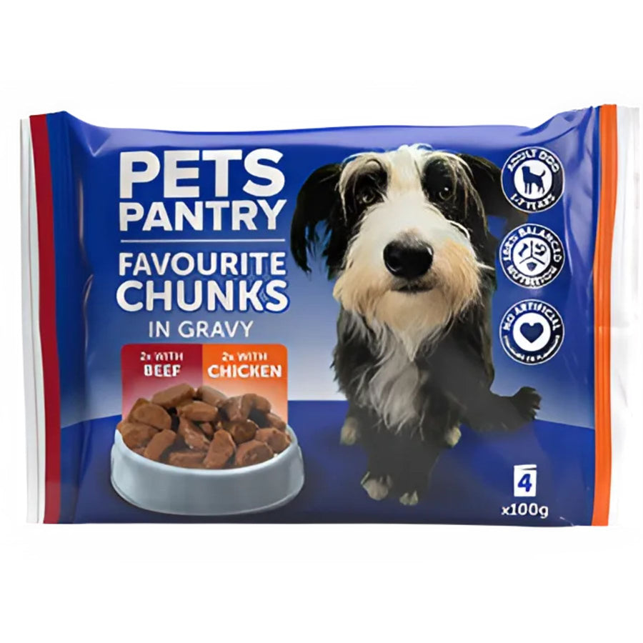 A pack of Pets Pantry Meaty Chunks In Gravy For Adult Dogs (4 x 100g), showing a dog and a bowl of beef and chicken food, from Pets Pantry.