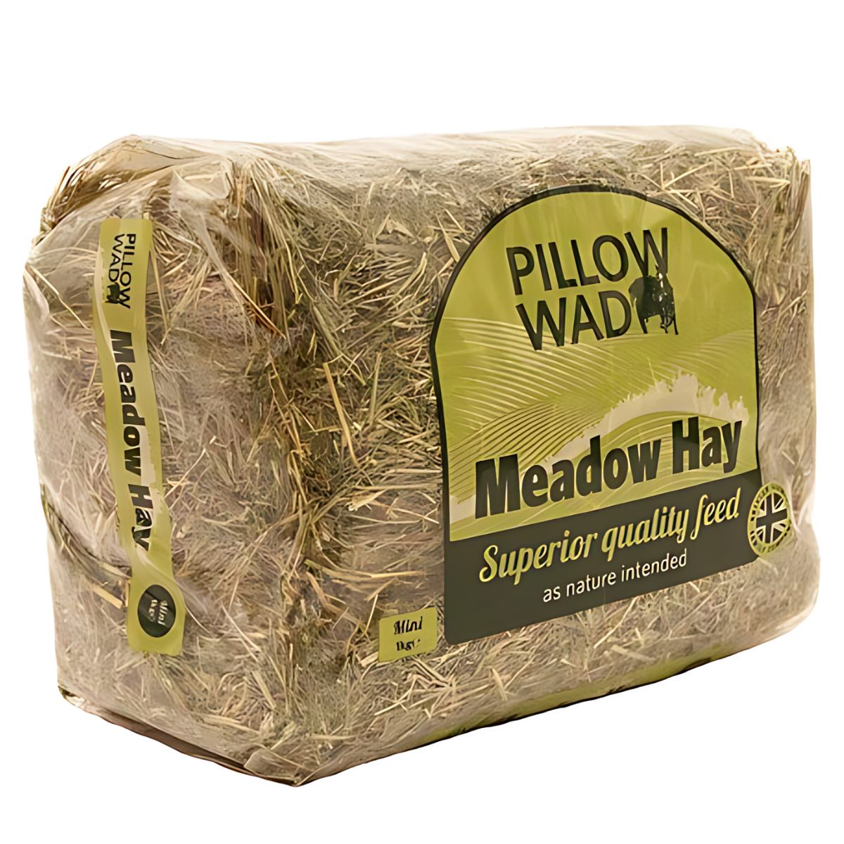 Introducing Pillow Wad - Meadow Hay - 1Kg, a superior quality feed for your small pet. Packaged in green with a see-through section that showcases the natural hay inside, this nutritious straw ensures your pet receives the best diet possible.