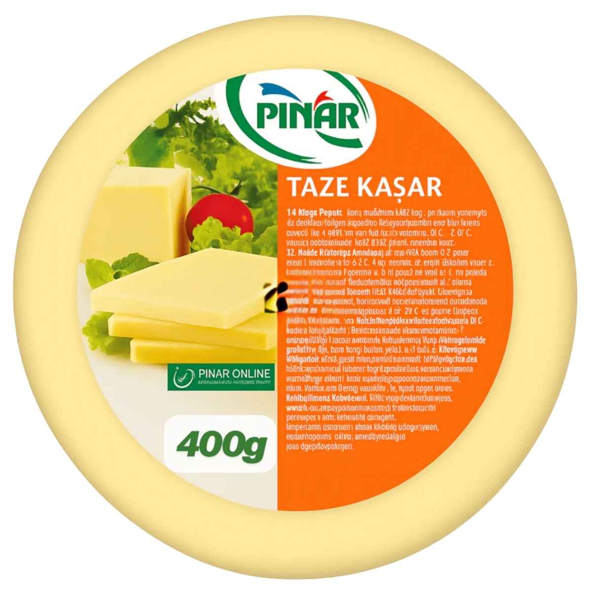 A 400g round package of Pinar Kashkaval Cheese, made from pasteurised cow’s milk, with product details and cheese slice images on the label.