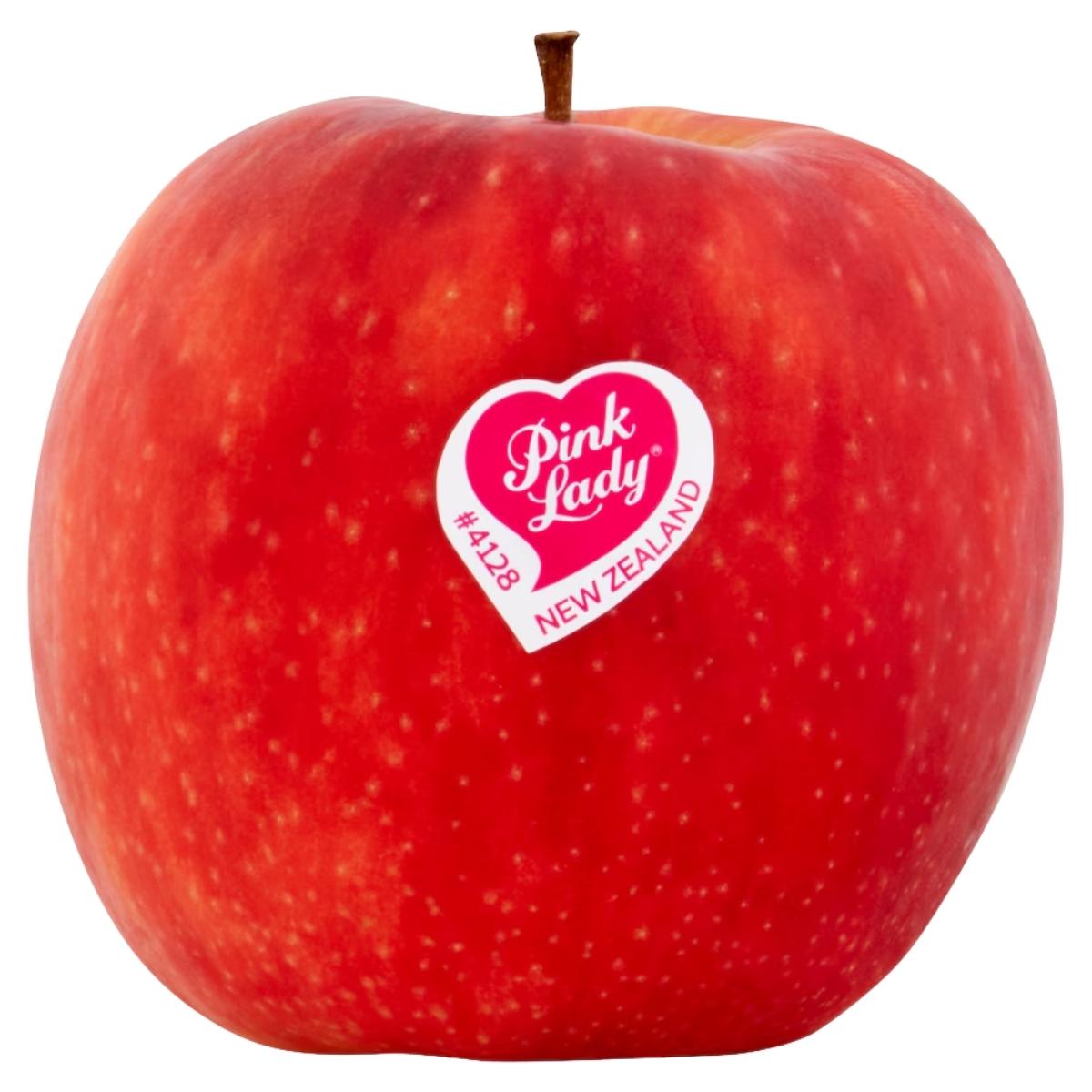 Red apple with a 'Pink Lady' brand label on a white background