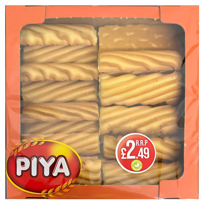 A 360g box of Piya Family Cookies with a visible £2.49 price label on the packaging.