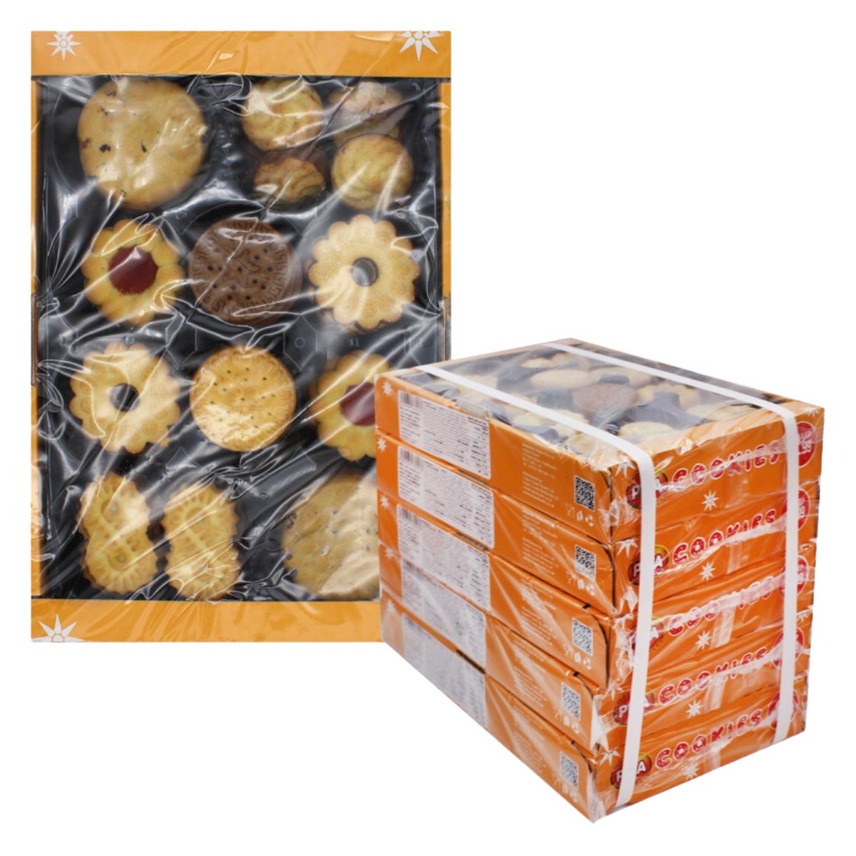 A stack of orange boxes, each showcasing a luxurious blend of Piya - Mix of Cookies - 450g through clear plastic wrapping, offers a tempting selection of premium cookies.