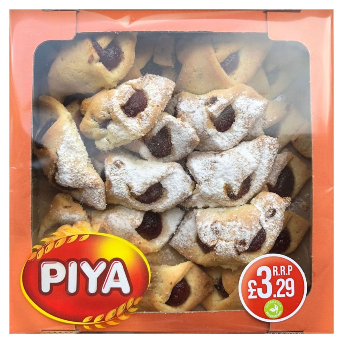 A 400g box of Piya Traditional Cookies, featuring luxury crescent-shaped pastries crafted from a traditional recipe and dusted with powdered sugar, is priced at £3.29.