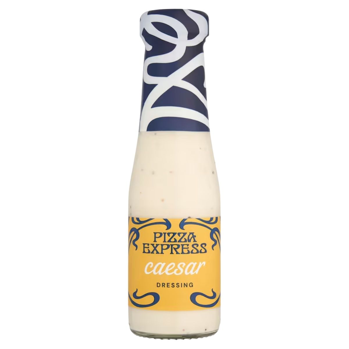 A 235ml bottle of Pizza Express Caesar Dressing with a yellow and blue label and a navy blue cap.