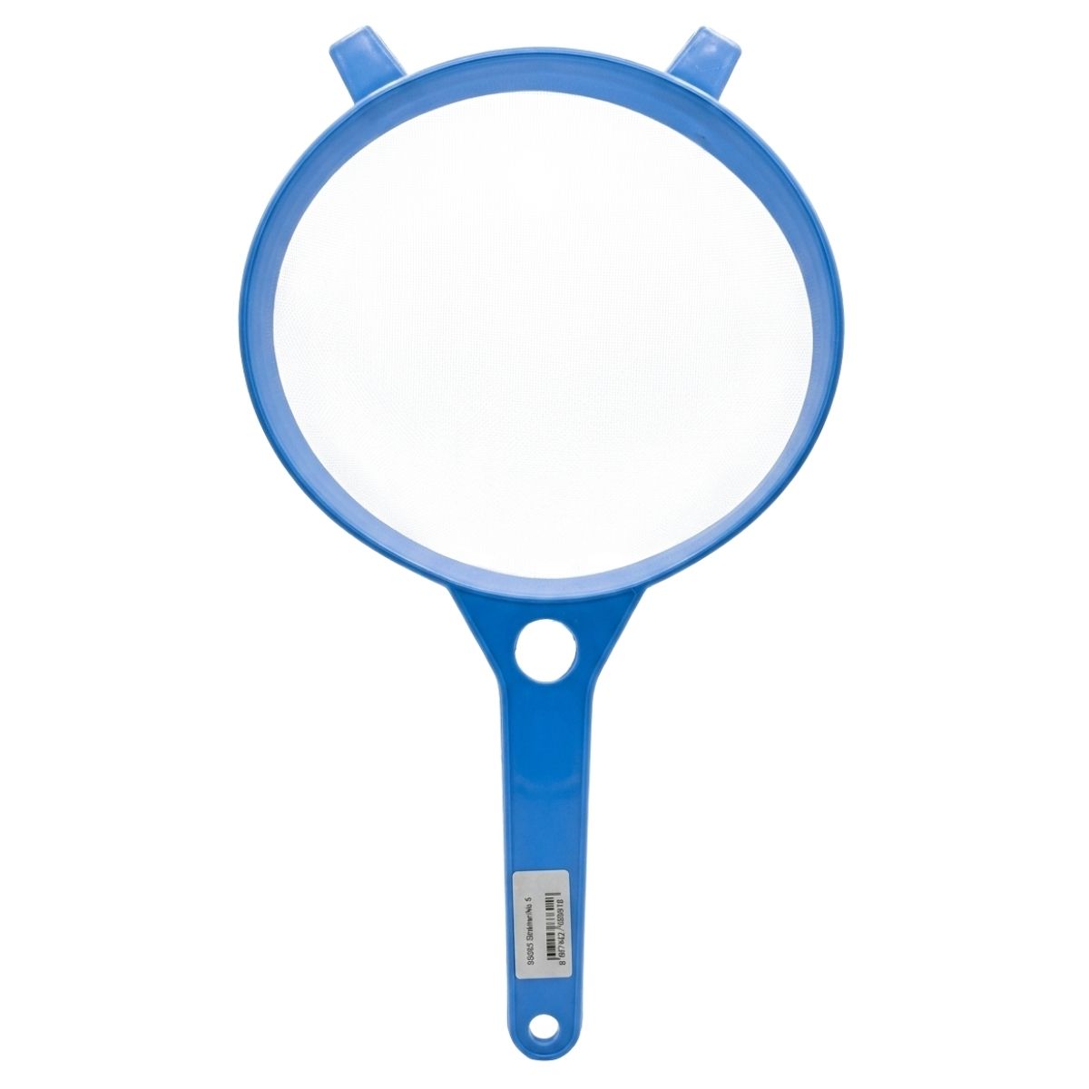 Blue hand plastic mesh strainer on a white background