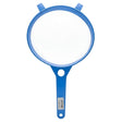 Blue hand plastic mesh strainer on a white background