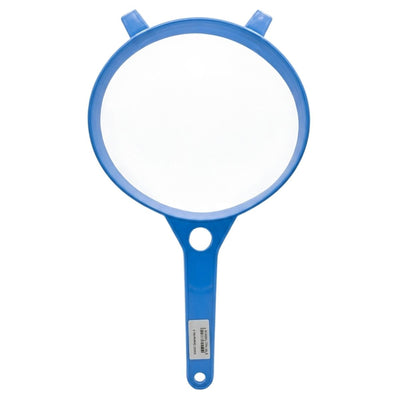 Blue hand plastic mesh strainer on a white background