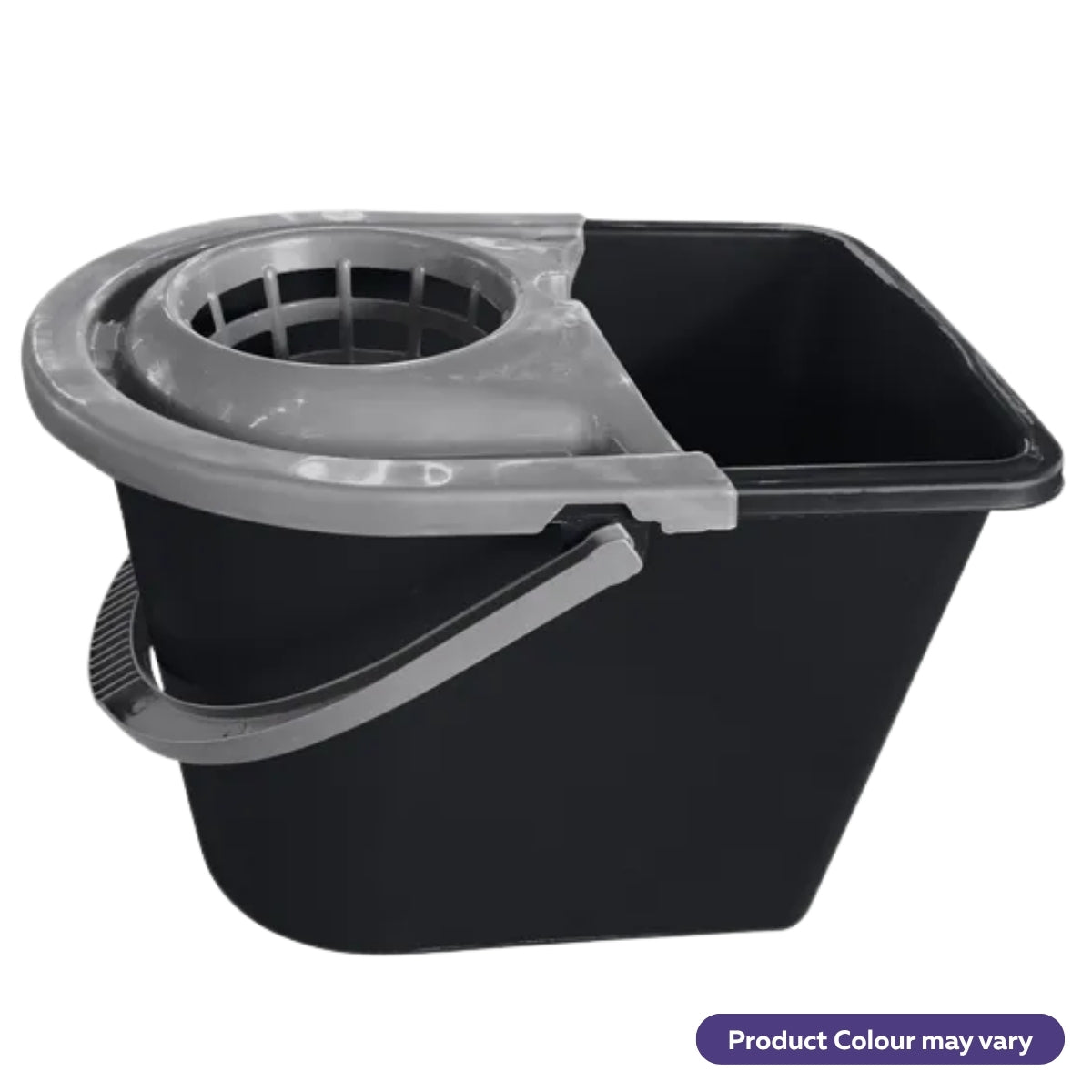 A black plastic mop bucket with a gray twist-action wringer attachment and handle, shown on a white background with a purple text label at the bottom right that reads 'Product Colour may vary'.