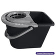 A black plastic mop bucket with a gray twist-action wringer attachment and handle, shown on a white background with a purple text label at the bottom right that reads 'Product Colour may vary'.
