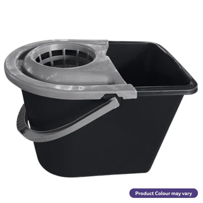 A black plastic mop bucket with a gray twist-action wringer attachment and handle, shown on a white background with a purple text label at the bottom right that reads 'Product Colour may vary'.