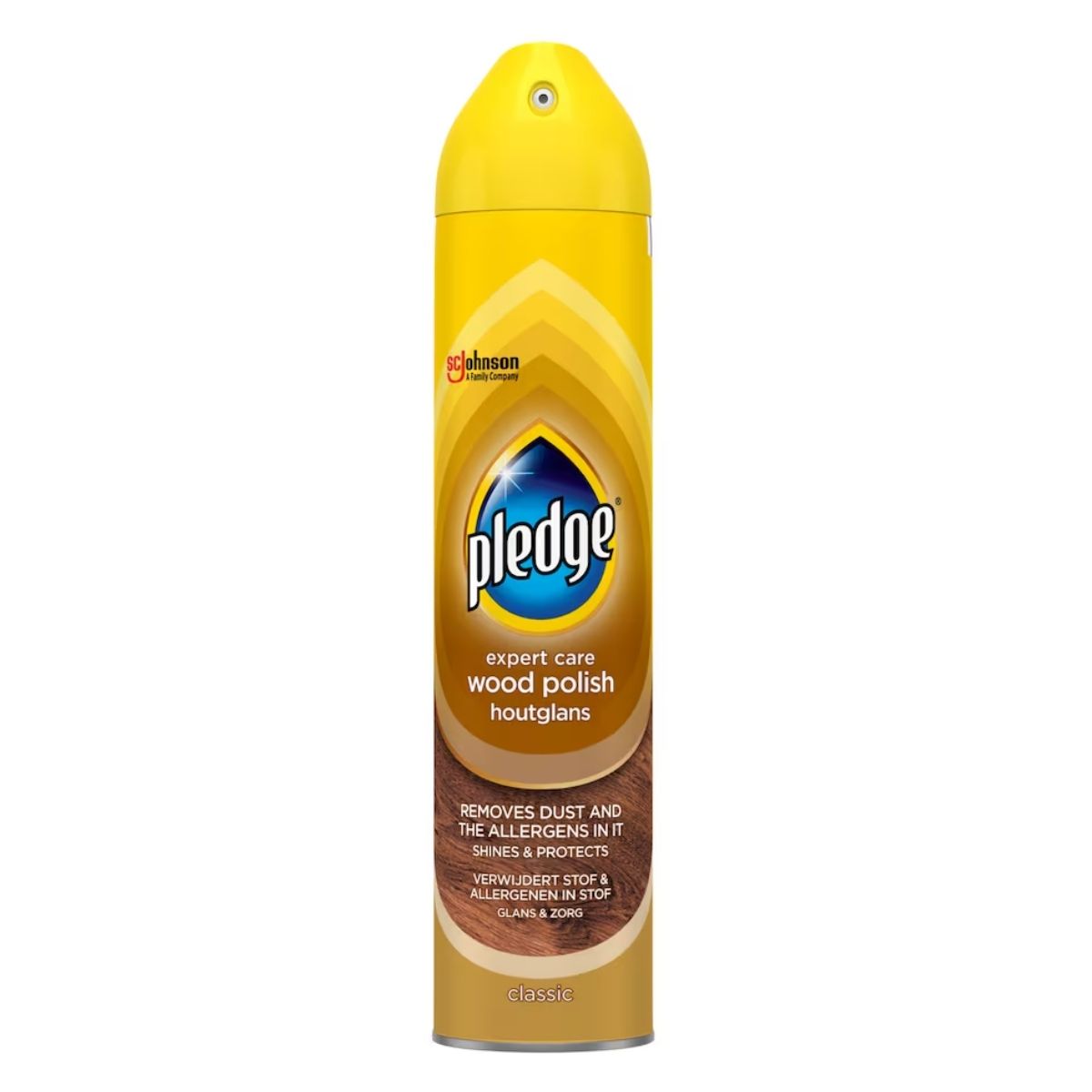 A 250ml can of Pledge - Expert Care Wood Polish Classic with expert care to remove dust and allergens, delivering shine and protection to your luxurious furniture. Yellow container with a blue label.
