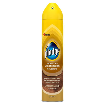 Pledge - Wood Furniture Spray Classic (250ml) by Pledge removes dust and protects wood surfaces, featuring a yellow cap and brown label.