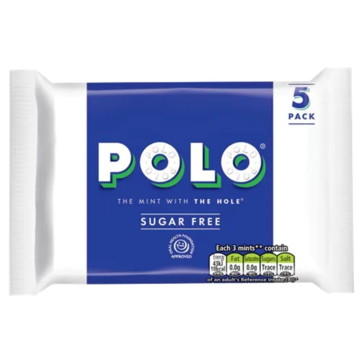 Package of Polo Sugar Free Mint Tube Multipack 5 Pack - 24.5g, featuring a blue and white design. Provides nutritional information and promotes a convenient 5-pack.