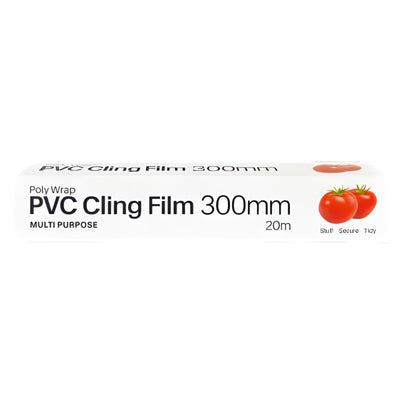 Poly Wrap - PVC Multipurpose Cling Film 300mm x 20m comes in a rectangular box featuring two tomatoes and text promoting its superior food protection as a versatile wrap.