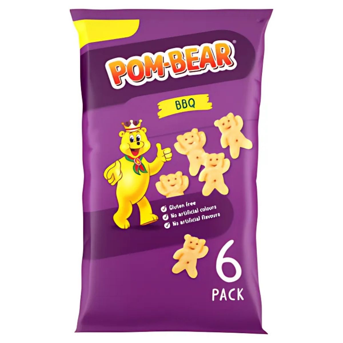 Pom-Bear BBQ Flavour potato snacks, in a purple pack featuring a cartoon bear and six bear-shaped treats, highlight gluten-free ingredients with no artificial colors or flavors. Pack size: 6 x 13g.