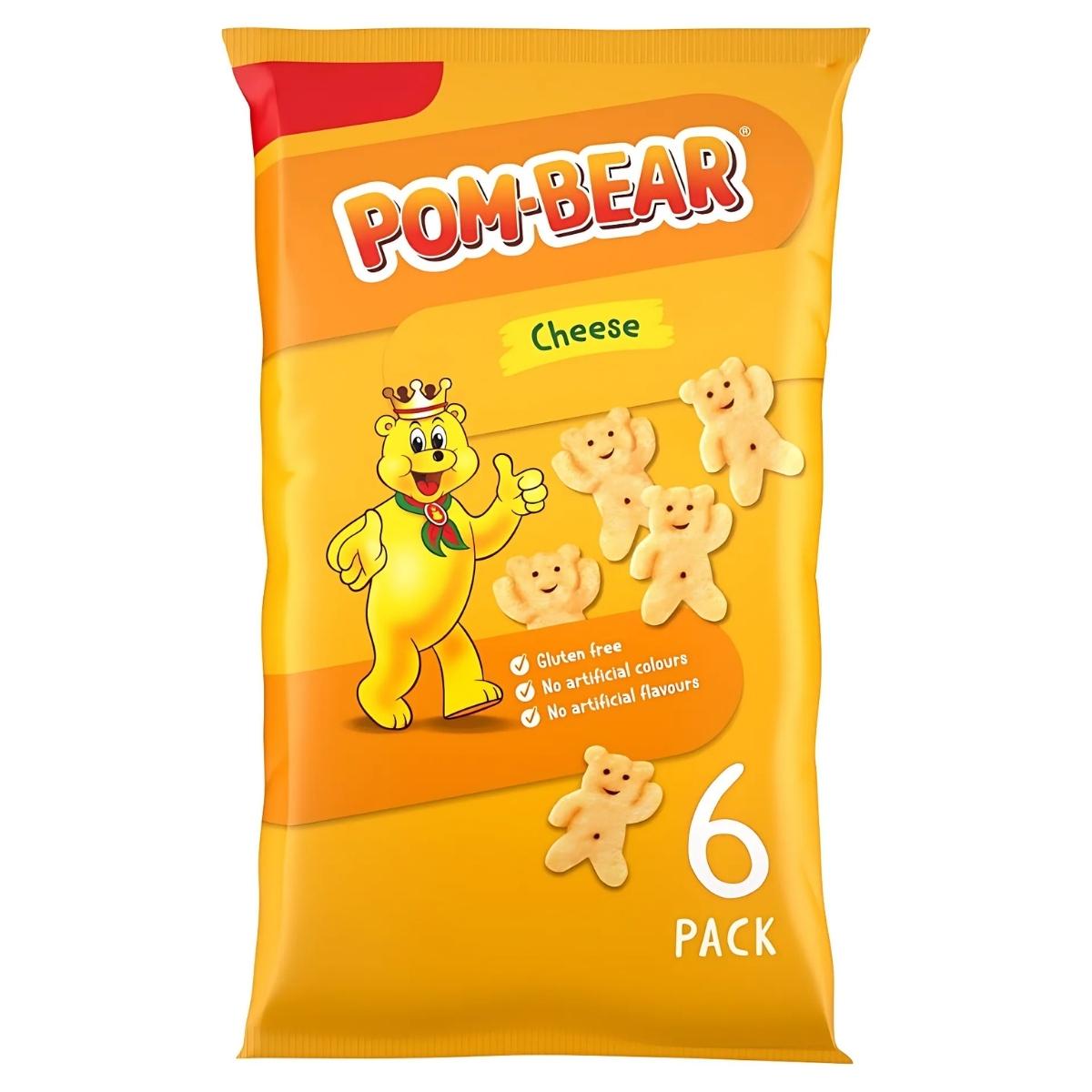 Front view of Pom-Bear Cheese Flavour potato snacks (6 x 13g), featuring bear-shaped crisps. The packaging emphasizes its gluten-free status and lacks artificial colors or flavors.