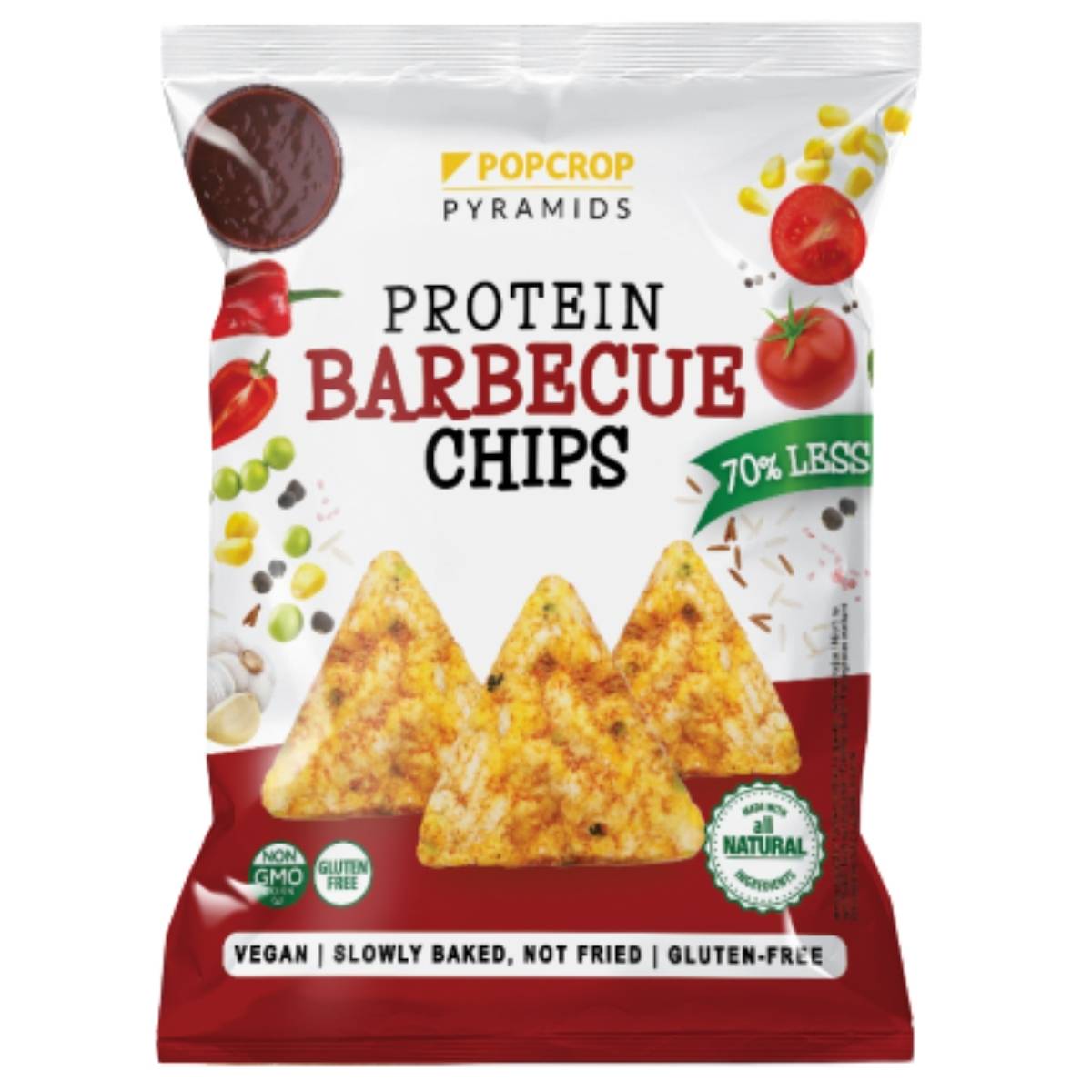 Packaging of Popcrop Protein Barbecue Chips on a white background
