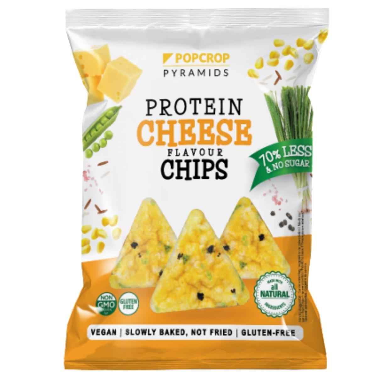 Packaging of Popcrop Pyramids Protein Cheese Flavour Chips on a white background