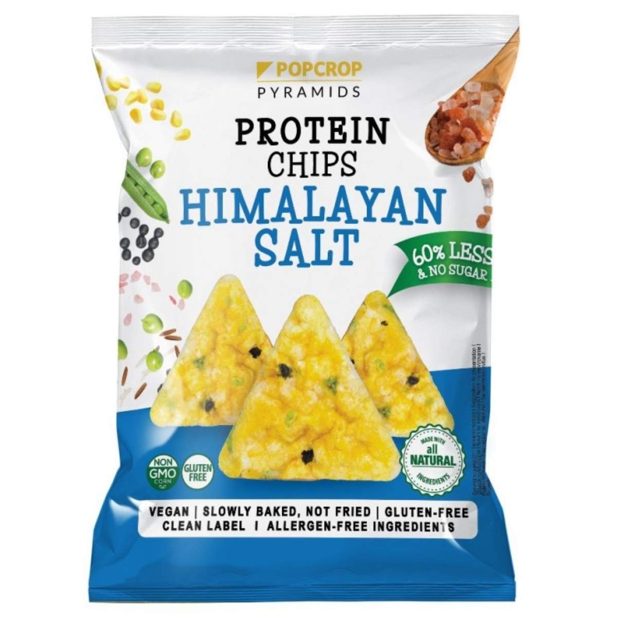 Packaging of Popcrop Pyramids Protein Chips Himalayan Salt on a white background