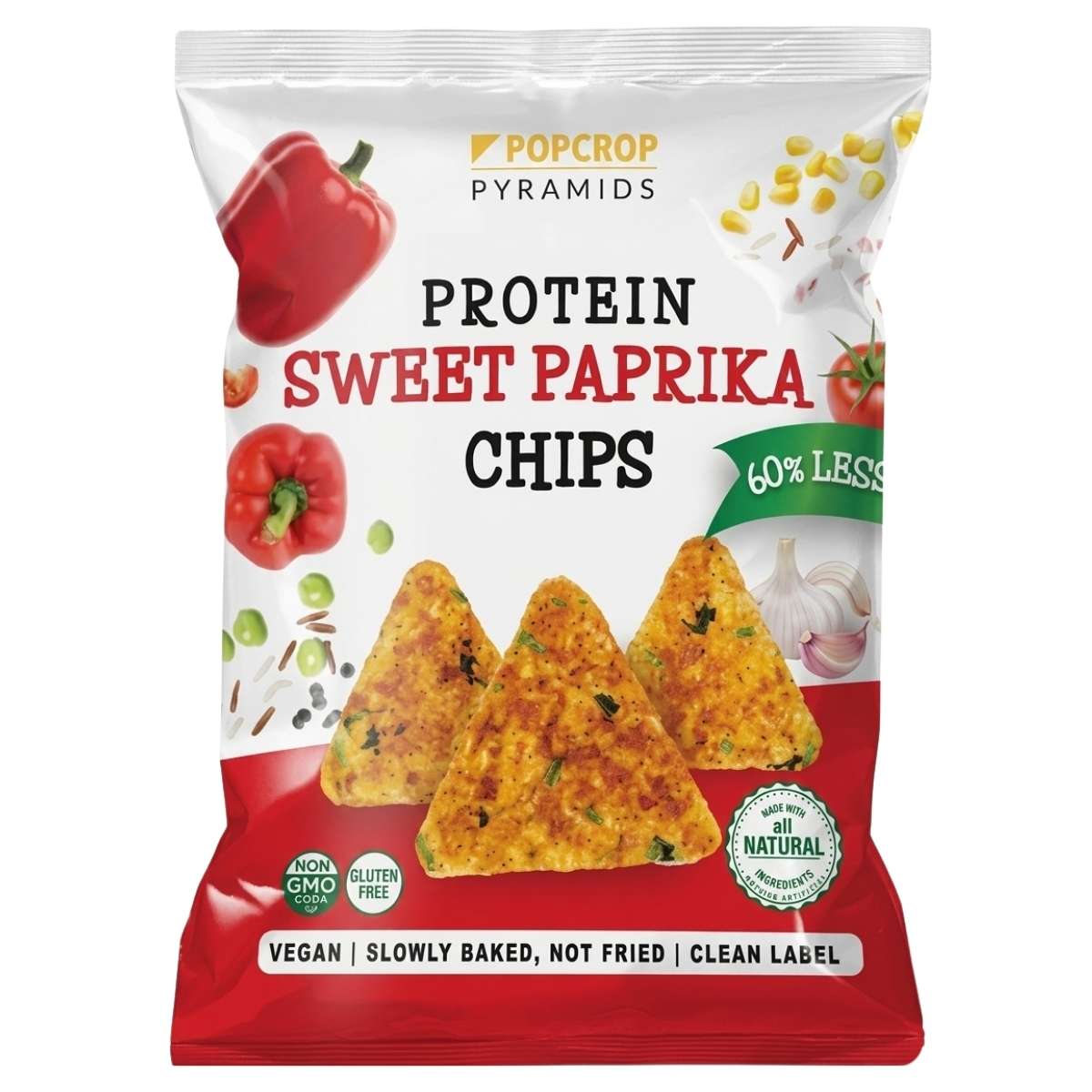 Packaging of Popcrop Pyramids Protein Sweet Paprika Chips on a white background