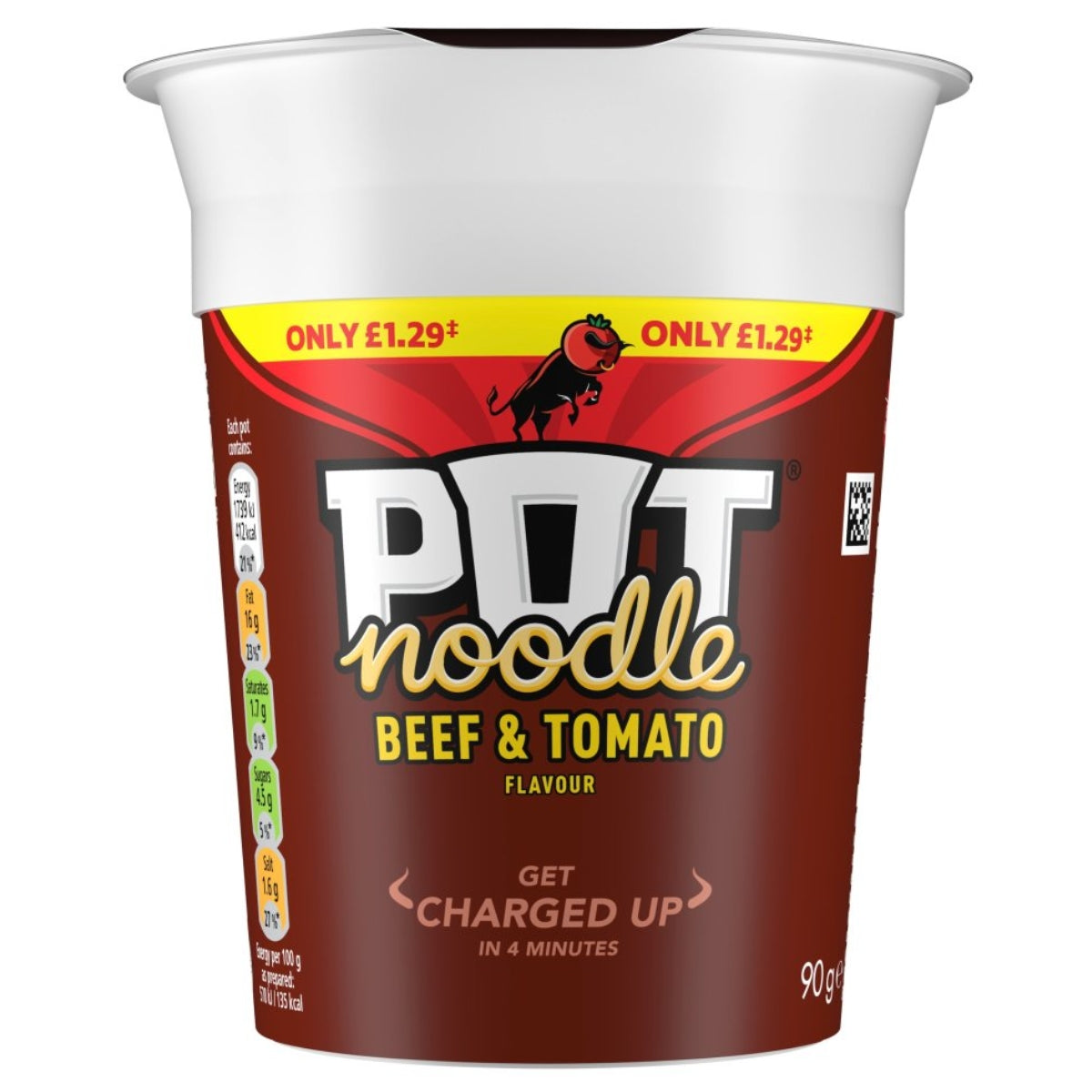 Pot Noodle - Beef & Tomato Flavour - 90g by Pot Noodle, featuring a price label “Only £1.29,” nutritional information displayed on the side, and “Get Charged Up in 4 Minutes” text on the front.