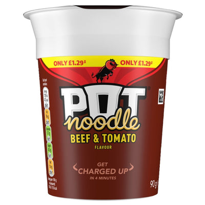 Pot Noodle - Beef & Tomato Flavour - 90g by Pot Noodle, featuring a price label “Only £1.29,” nutritional information displayed on the side, and “Get Charged Up in 4 Minutes” text on the front.