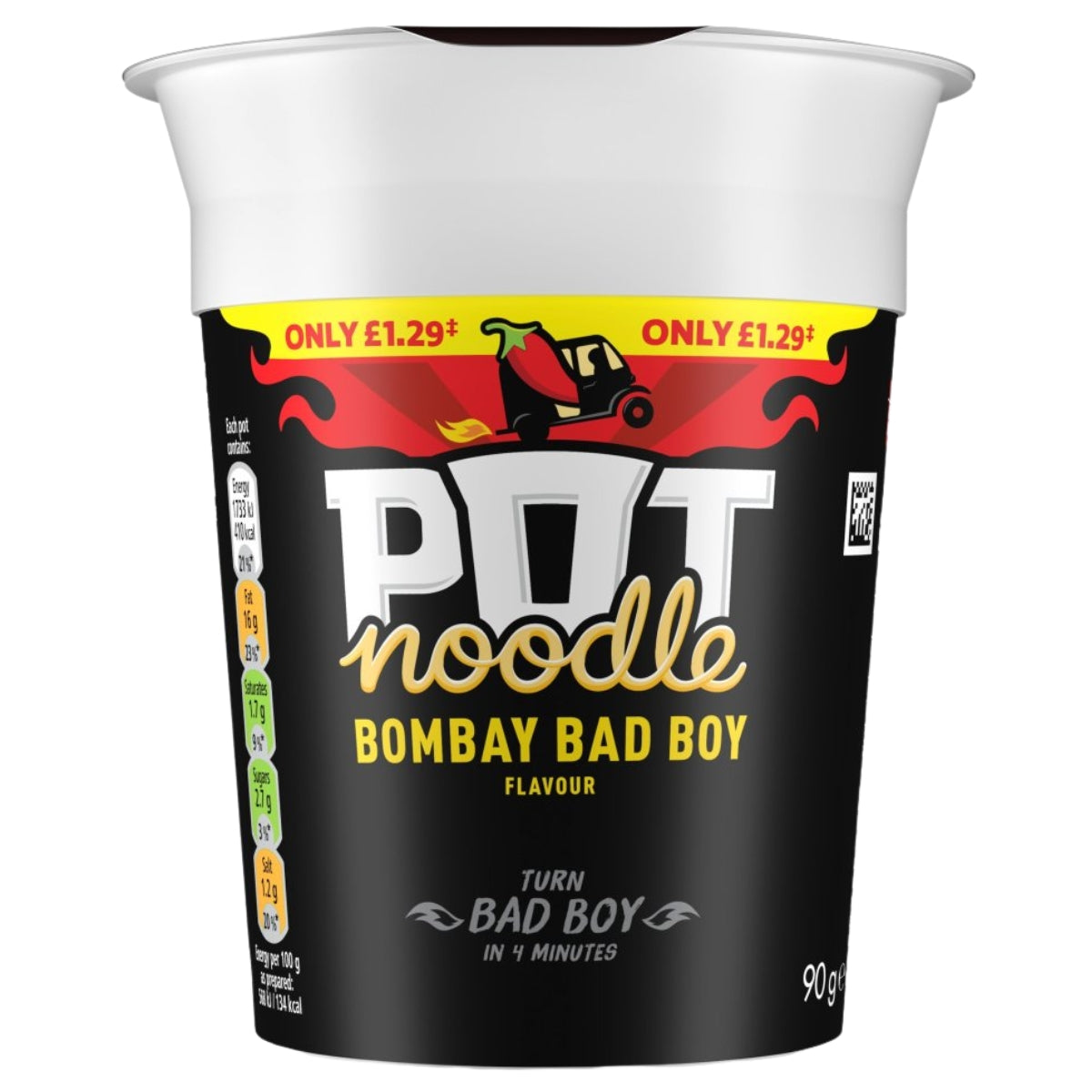 A Pot Noodle - Bombay Bad Boy Flavour 90g cup from Pot Noodle, featuring a bold black exterior with red and yellow accents, displays a price offer and nutritional information on the side.