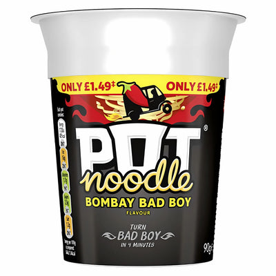 A Pot Noodle - Bombay Badboy - 90g cup labeled "Bombay Bad Boy Flavour," with a tuk-tuk graphic, spicy Indian-style noodles, price marked £1.49, and nutritional info displayed on the side.