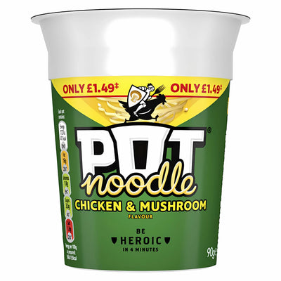 Pot Noodle - Chicken & Mushroom 90g with a green label, price marked £1.49, cooks in 4 minutes—ideal for a quick instant noodle meal.