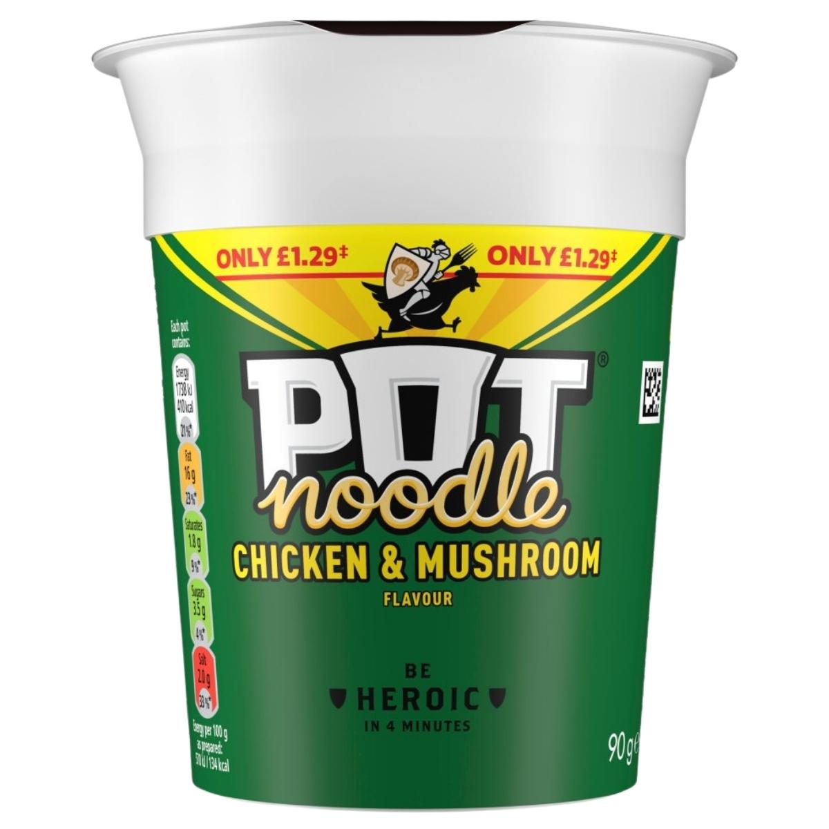 A 90g Pot Noodle - Chicken & Mushroom tub from Pot Noodle, with a green label, yellow highlights, and bold £1.29 price on the packaging.