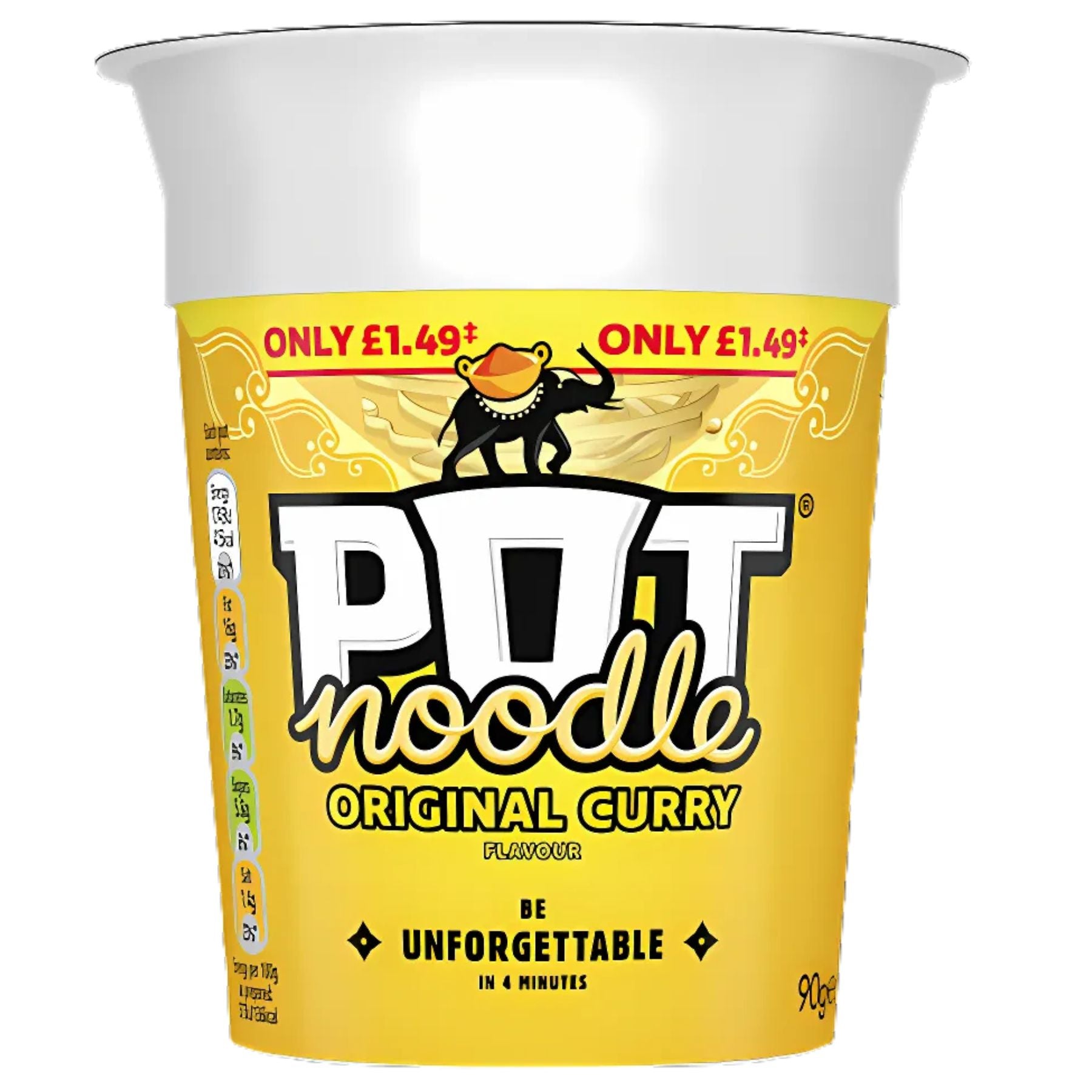 A 90g Pot Noodle - Original Curry in yellow, with "Only £1.49" and the slogan "Be Unforgettable in 4 Minutes" on the pack.