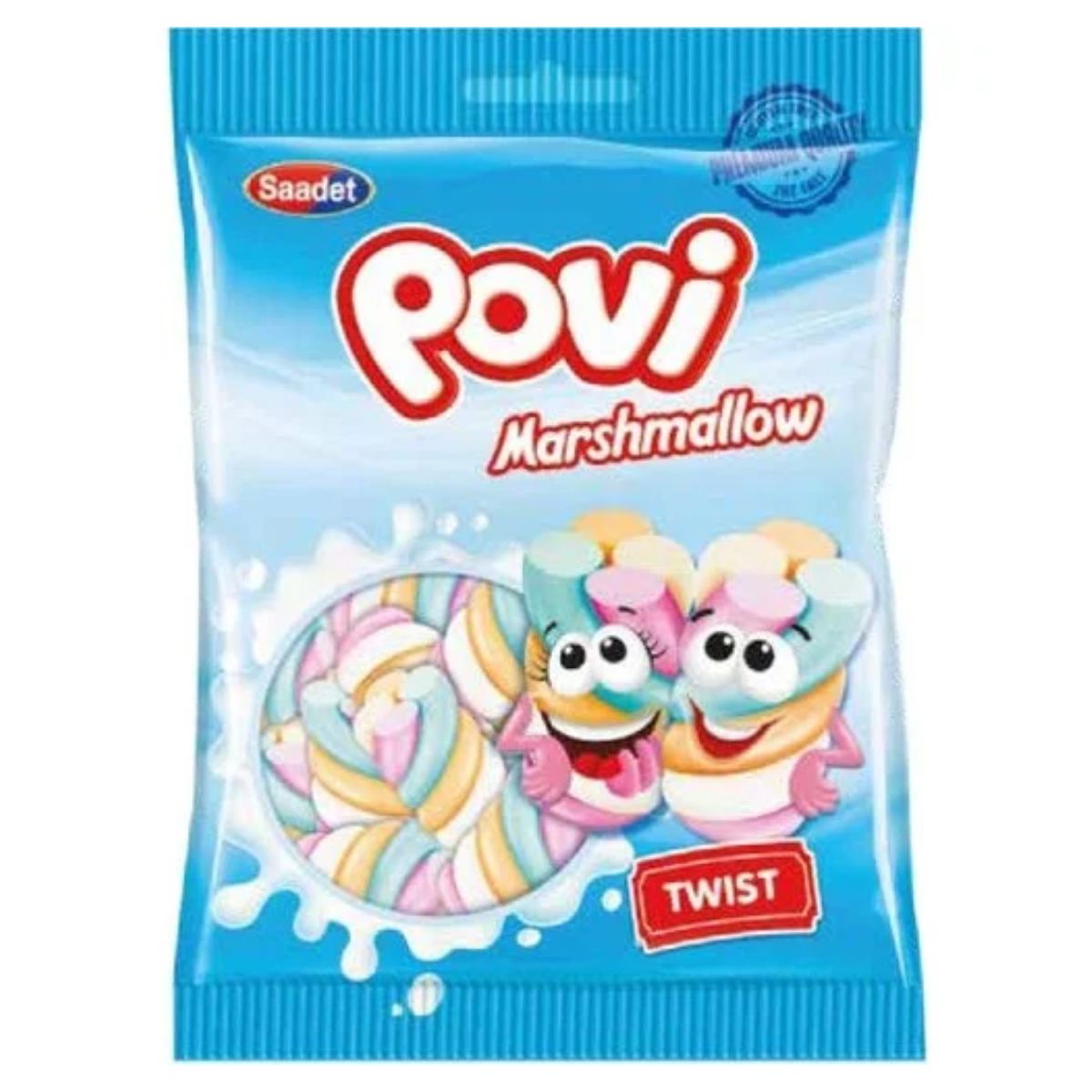 Saadet's Povi Marshmallow Twist Strawberry & Vanilla 140g package, showcasing colorful marshmallows with cartoon characters on the front.