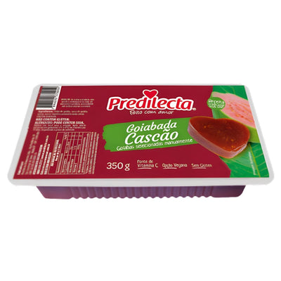 Predilecta Guava Paste With Fruit Pieces, 350g—rectangular container with red and green packaging labeled in Portuguese, delivers authentic Latin American flavour to your table.